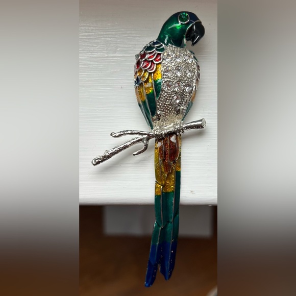Large Tropical Parrot Bird Blue Green Guilloche Enamel Rhinestones Brooch - Picture 2 of 10